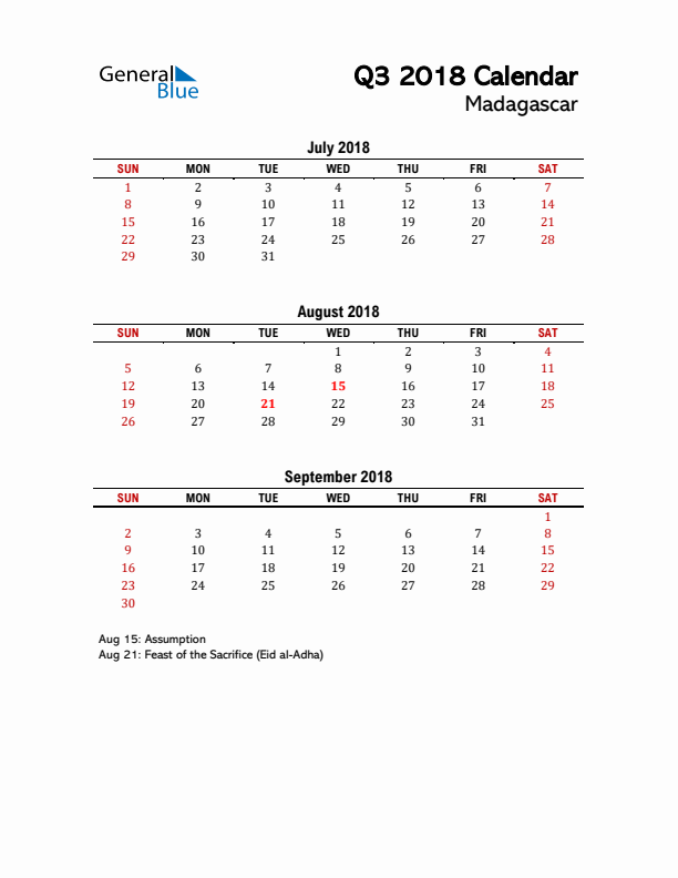 2018 Q3 Calendar with Holidays List for Madagascar