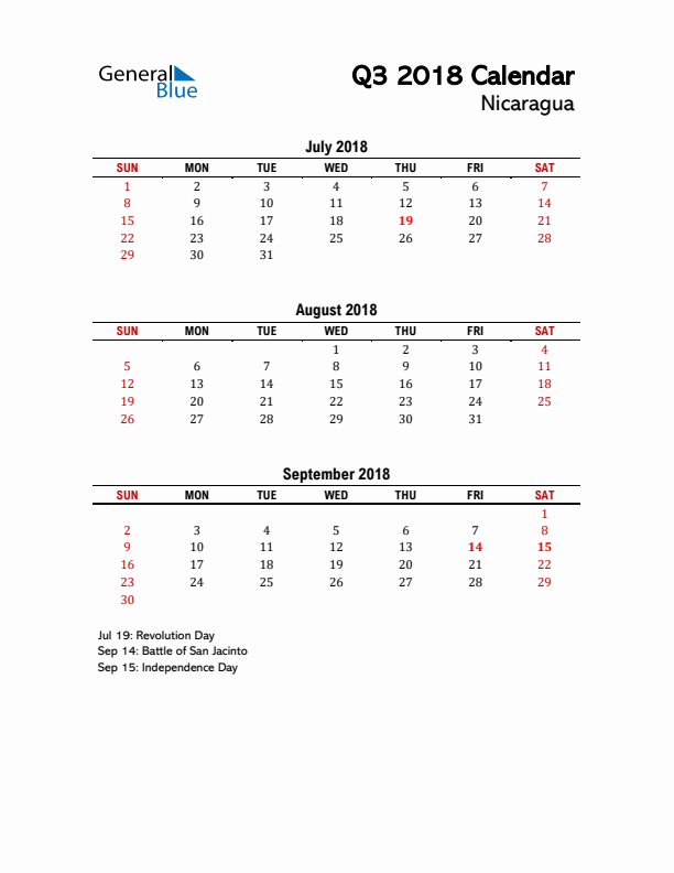 2018 Q3 Calendar with Holidays List for Nicaragua