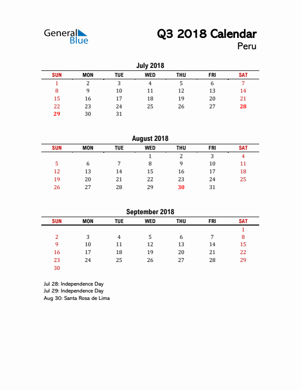 2018 Q3 Calendar with Holidays List for Peru