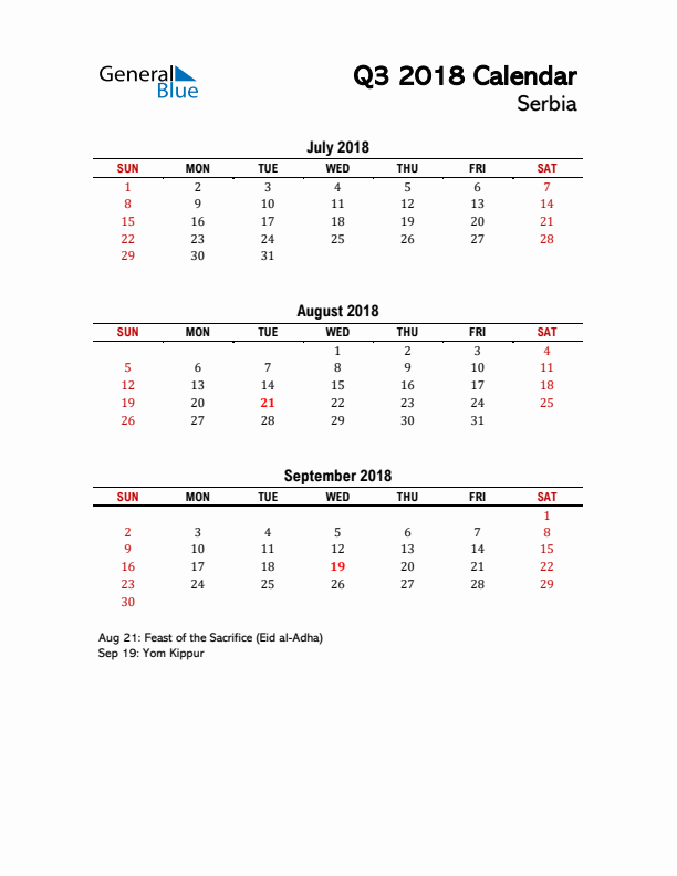 2018 Q3 Calendar with Holidays List for Serbia