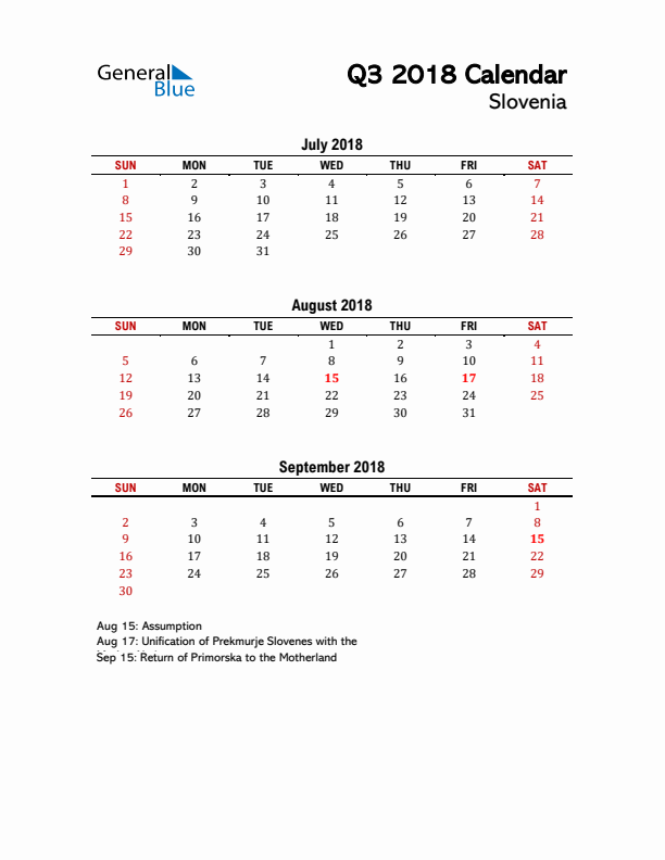 2018 Q3 Calendar with Holidays List for Slovenia