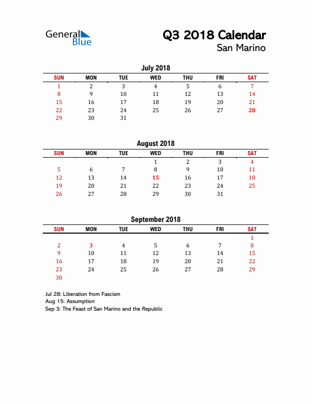 2018 Q3 Calendar with Holidays List for San Marino