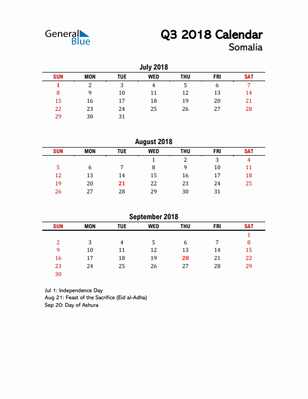 2018 Q3 Calendar with Holidays List for Somalia