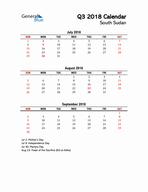 2018 Q3 Calendar with Holidays List for South Sudan