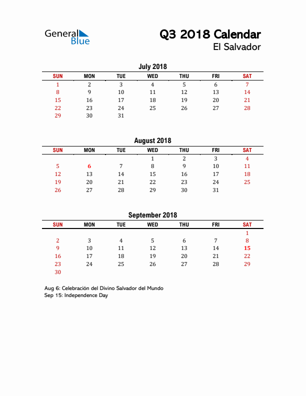 2018 Q3 Calendar with Holidays List for El Salvador