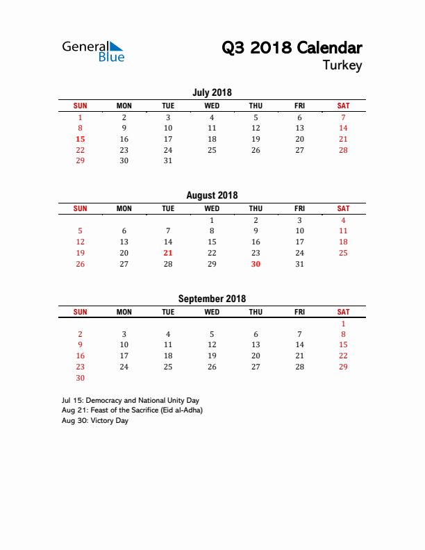 2018 Q3 Calendar with Holidays List for Turkey