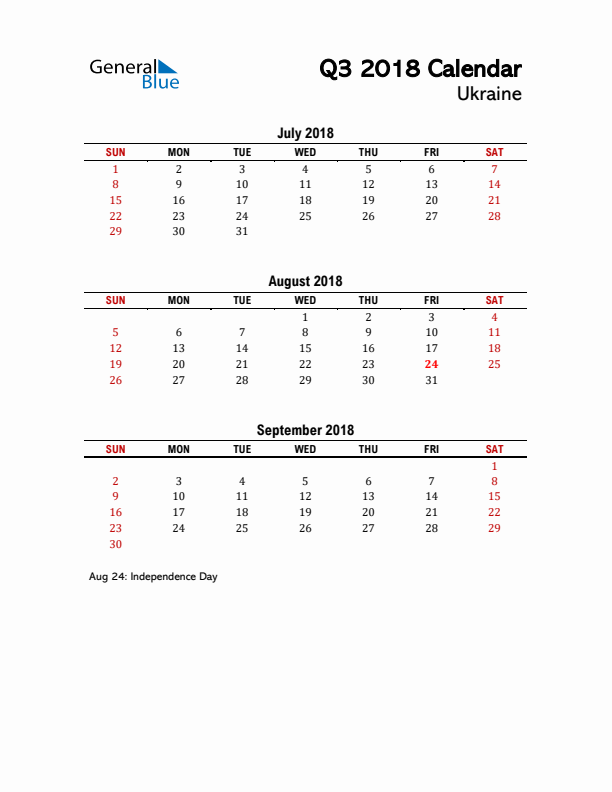 2018 Q3 Calendar with Holidays List for Ukraine