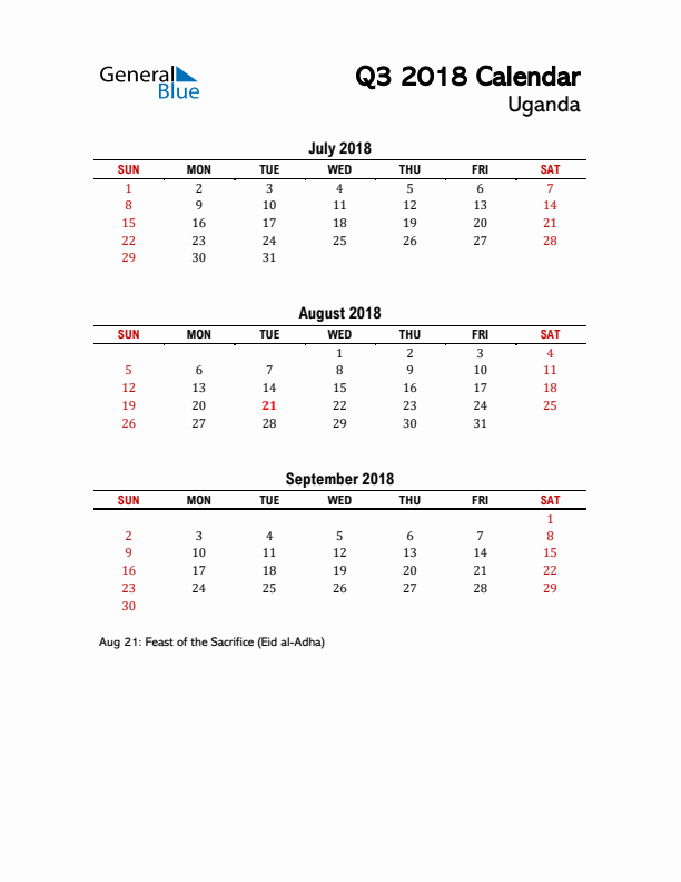 2018 Q3 Calendar with Holidays List for Uganda