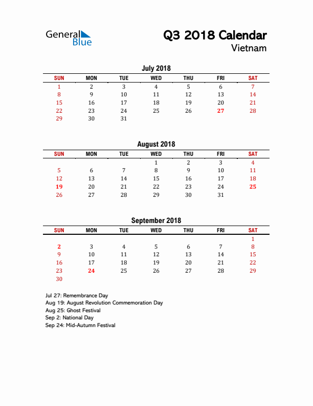 2018 Q3 Calendar with Holidays List for Vietnam