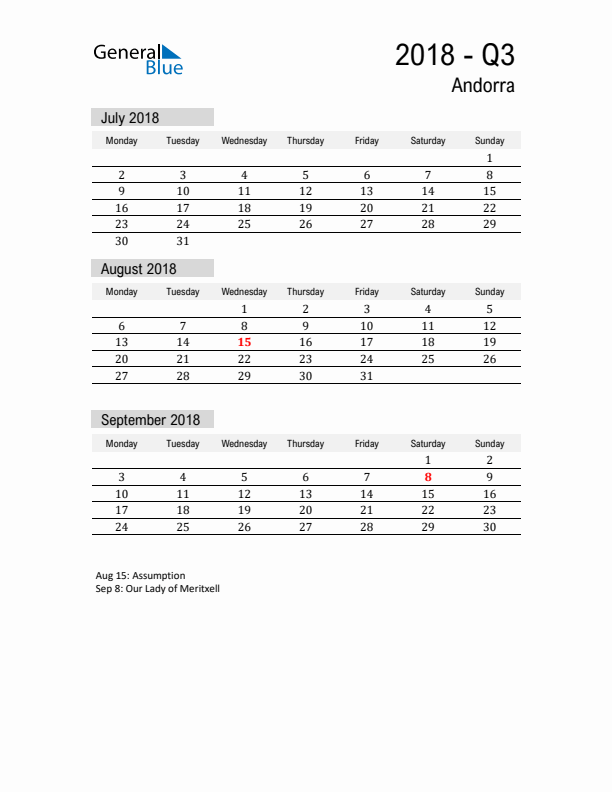 Andorra Quarter 3 2018 Calendar with Holidays