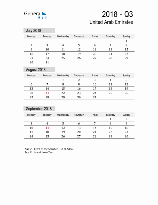 United Arab Emirates Quarter 3 2018 Calendar with Holidays