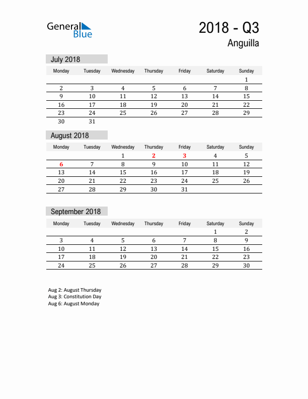 Anguilla Quarter 3 2018 Calendar with Holidays