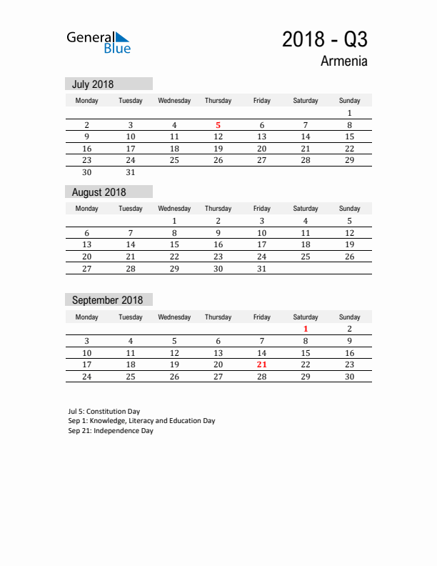 Armenia Quarter 3 2018 Calendar with Holidays