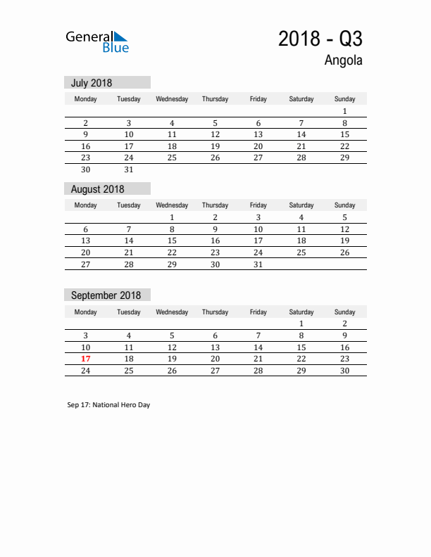 Angola Quarter 3 2018 Calendar with Holidays