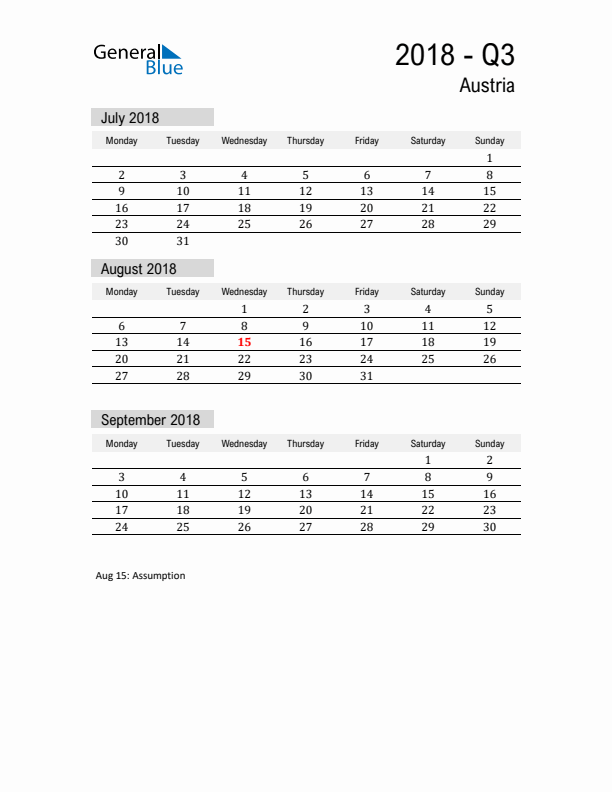 Austria Quarter 3 2018 Calendar with Holidays