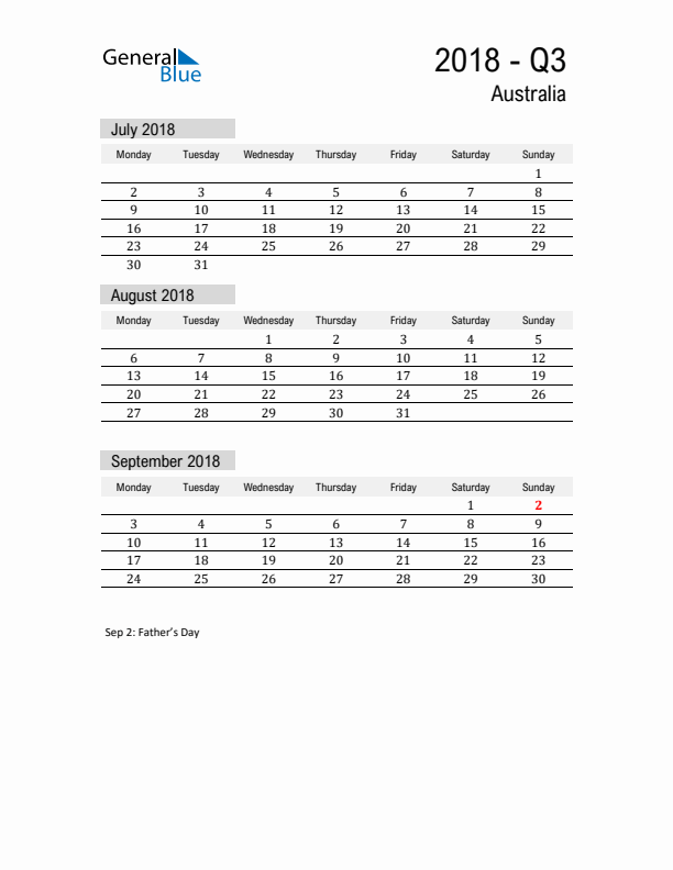 Australia Quarter 3 2018 Calendar with Holidays