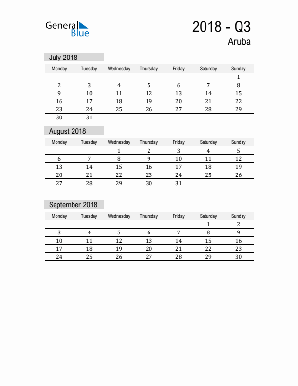 Aruba Quarter 3 2018 Calendar with Holidays