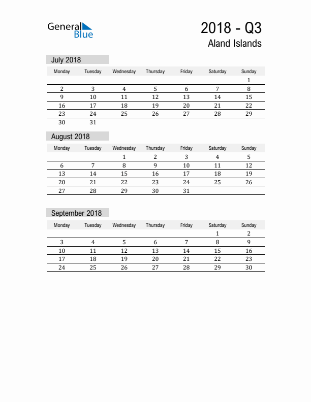 Aland Islands Quarter 3 2018 Calendar with Holidays