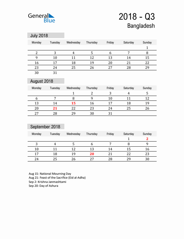 Bangladesh Quarter 3 2018 Calendar with Holidays