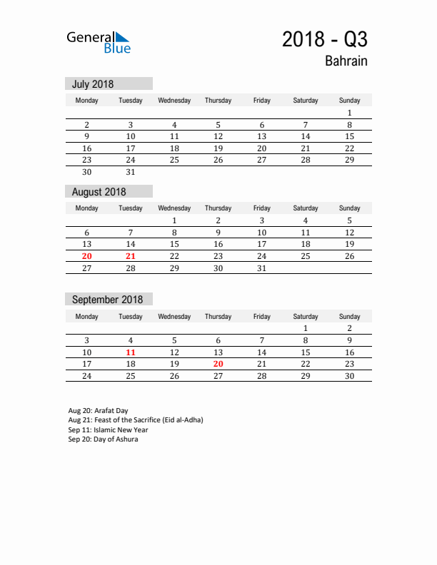 Bahrain Quarter 3 2018 Calendar with Holidays