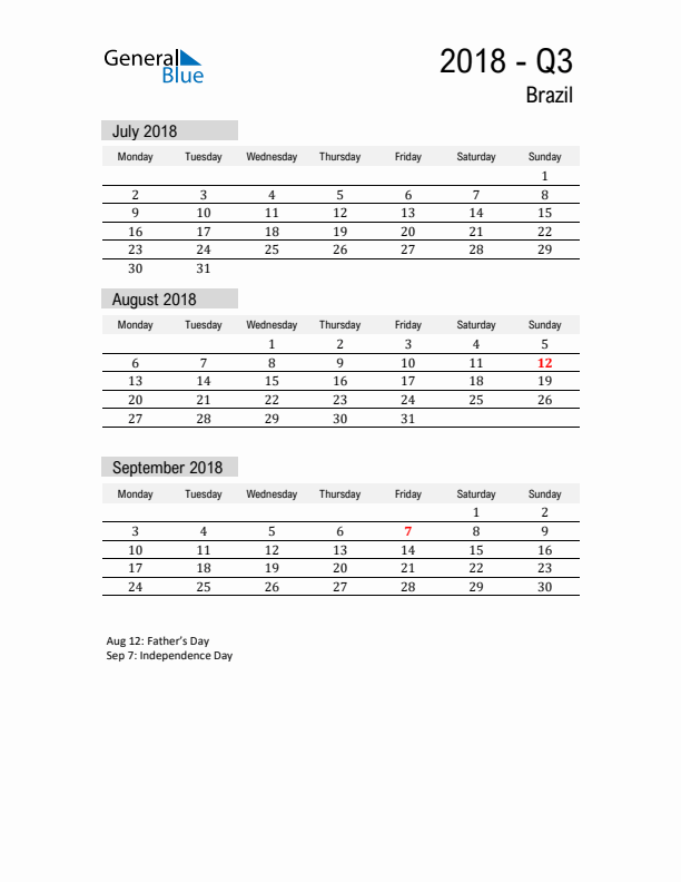 Brazil Quarter 3 2018 Calendar with Holidays