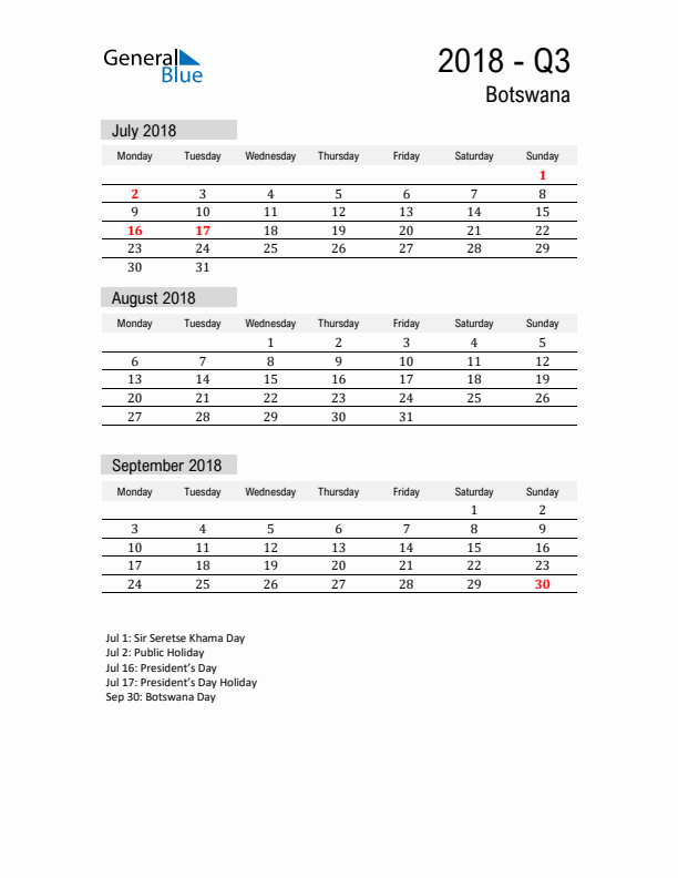 Botswana Quarter 3 2018 Calendar with Holidays