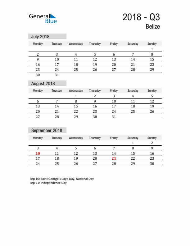 Belize Quarter 3 2018 Calendar with Holidays