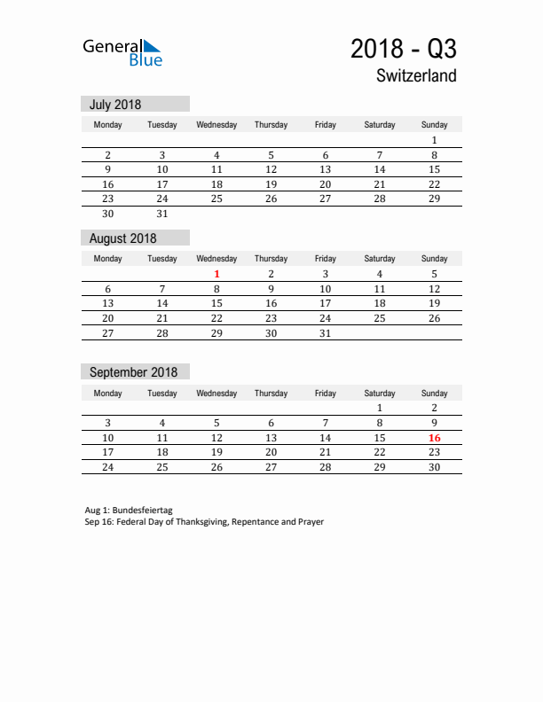 Switzerland Quarter 3 2018 Calendar with Holidays