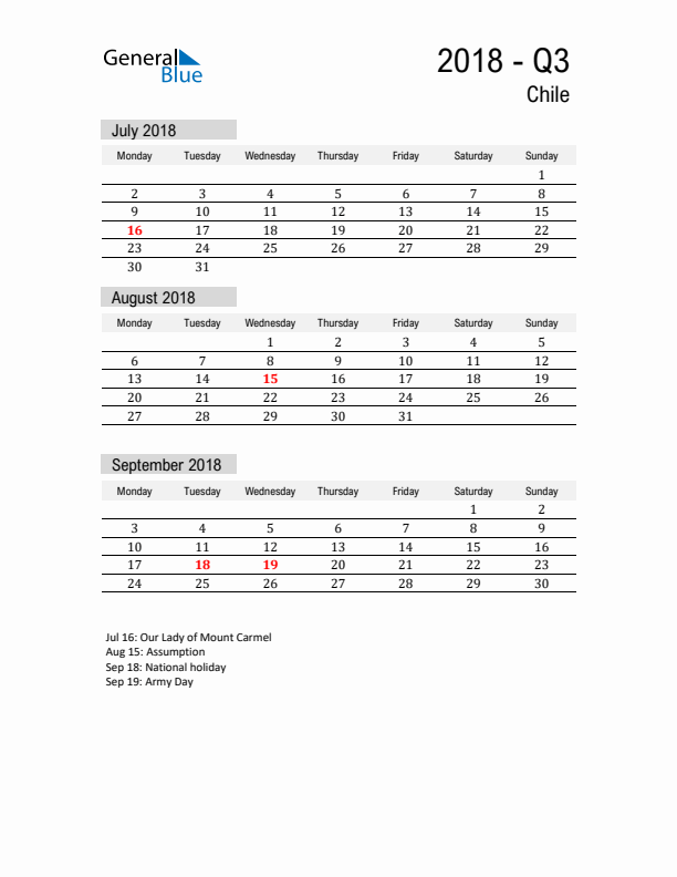 Chile Quarter 3 2018 Calendar with Holidays