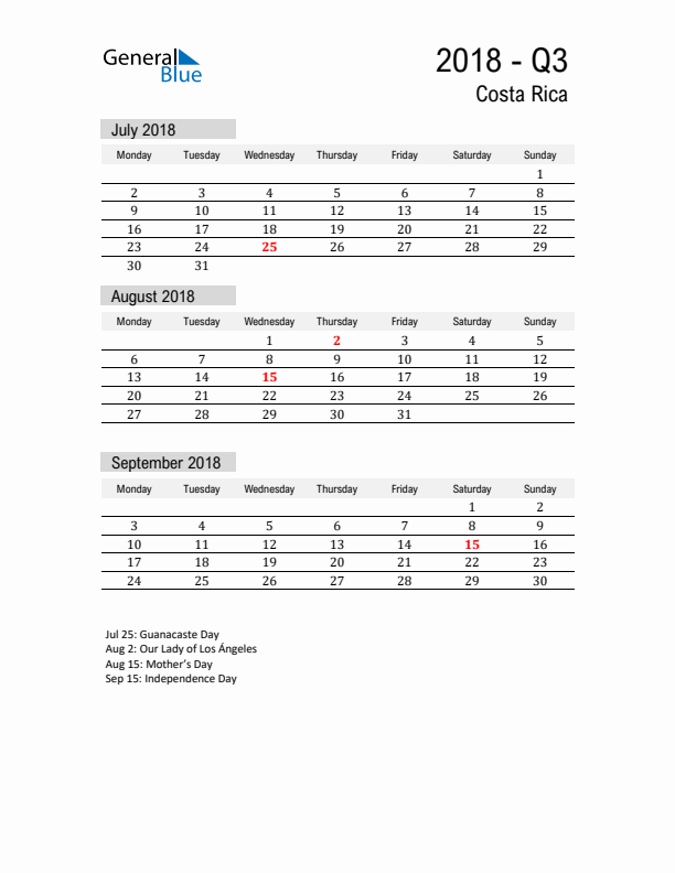 Costa Rica Quarter 3 2018 Calendar with Holidays