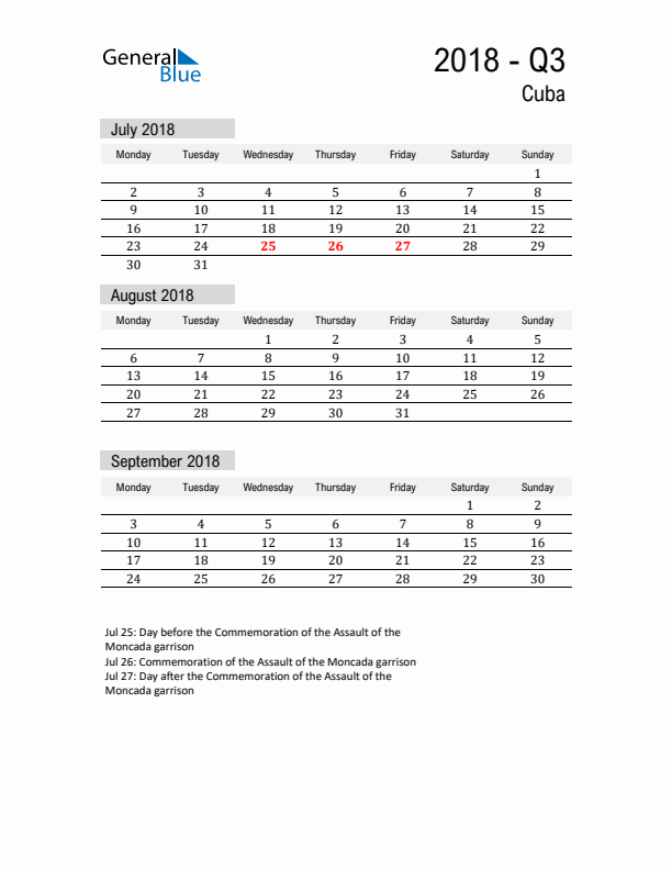 Cuba Quarter 3 2018 Calendar with Holidays