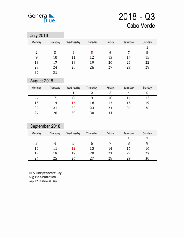 Cabo Verde Quarter 3 2018 Calendar with Holidays