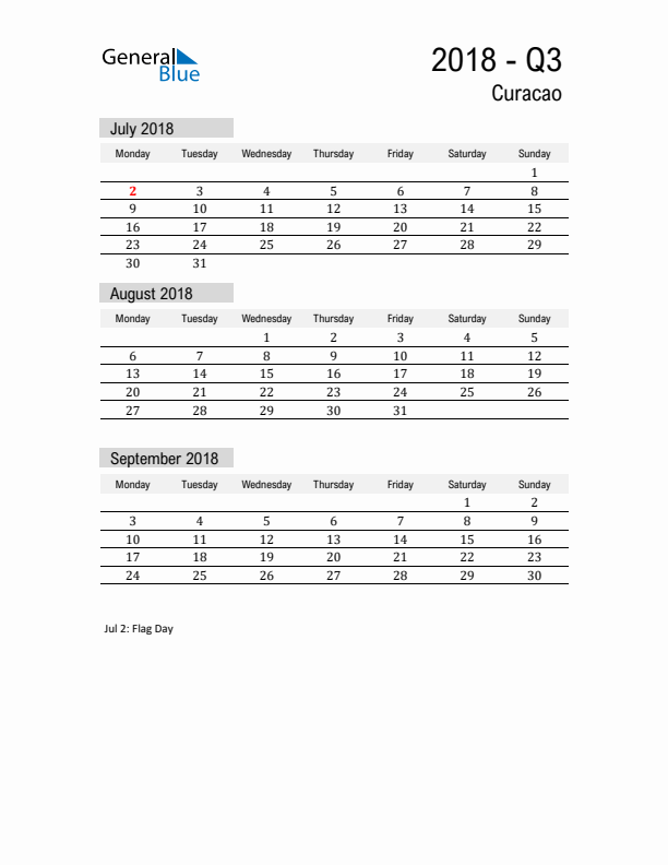 Curacao Quarter 3 2018 Calendar with Holidays