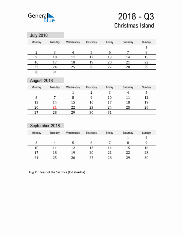 Christmas Island Quarter 3 2018 Calendar with Holidays