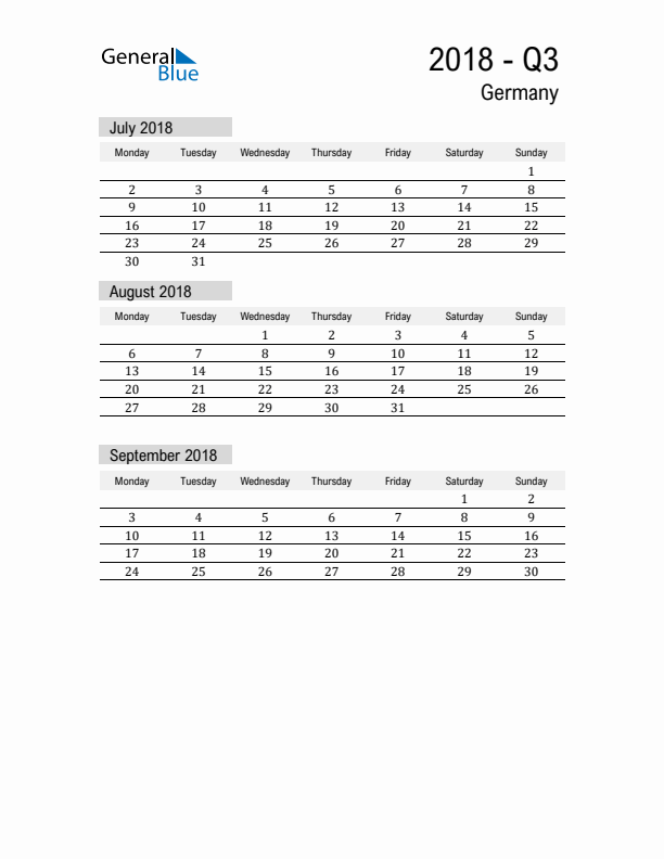 Germany Quarter 3 2018 Calendar with Holidays