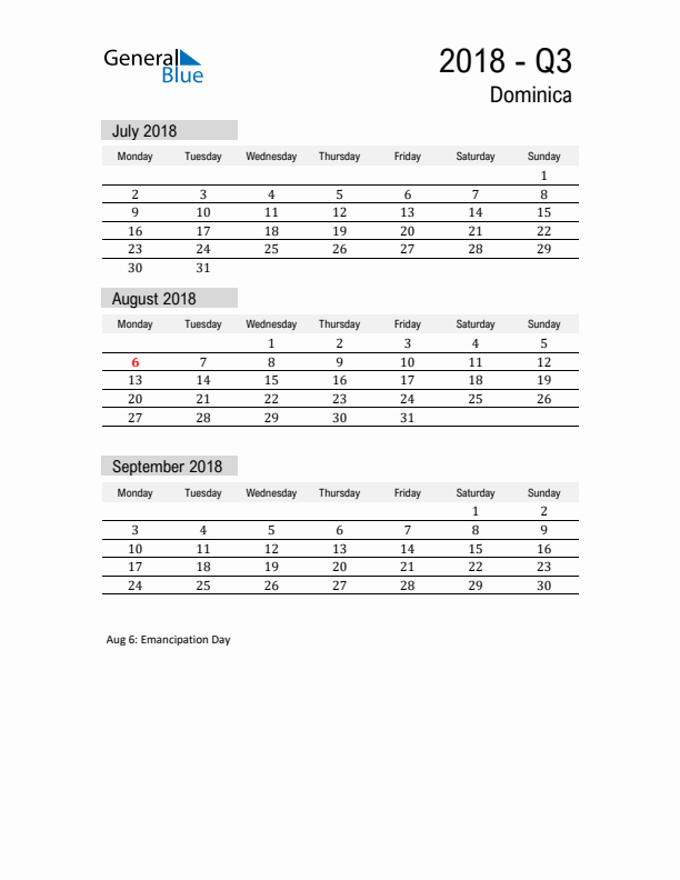 Dominica Quarter 3 2018 Calendar with Holidays