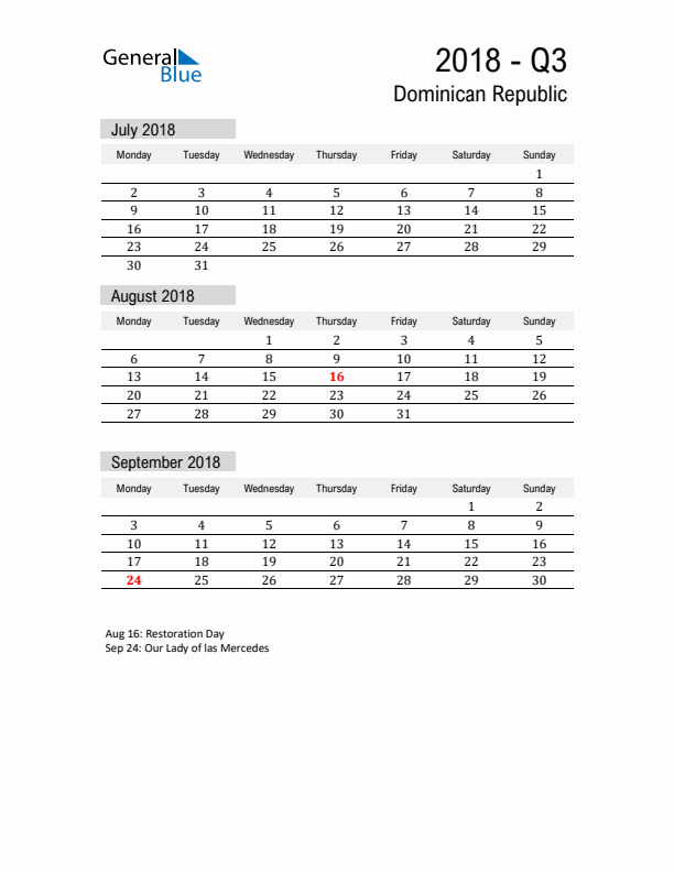 Dominican Republic Quarter 3 2018 Calendar with Holidays