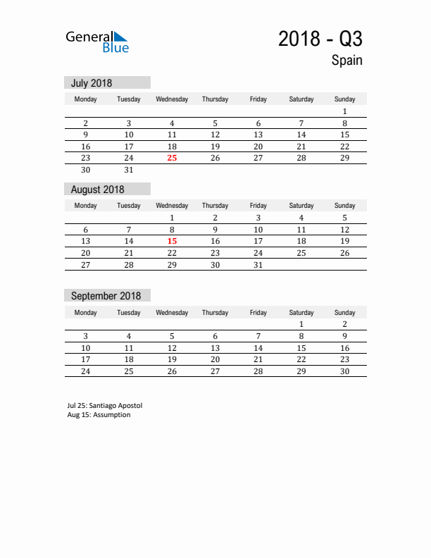 Spain Quarter 3 2018 Calendar with Holidays