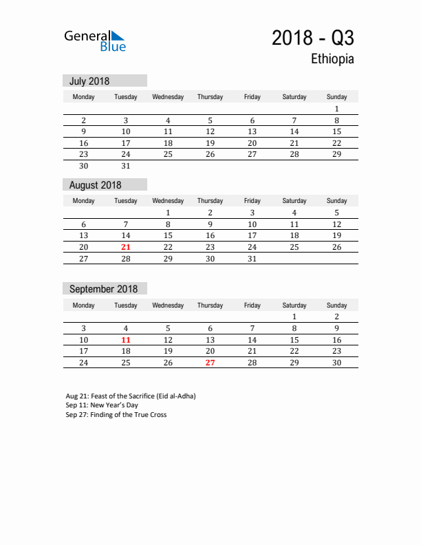 Ethiopia Quarter 3 2018 Calendar with Holidays