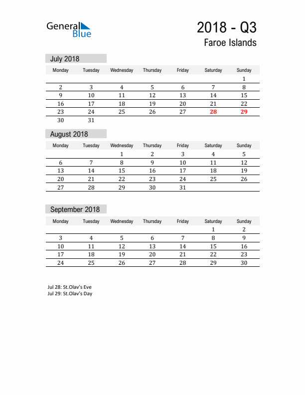 Faroe Islands Quarter 3 2018 Calendar with Holidays