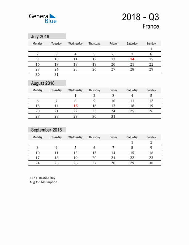 France Quarter 3 2018 Calendar with Holidays