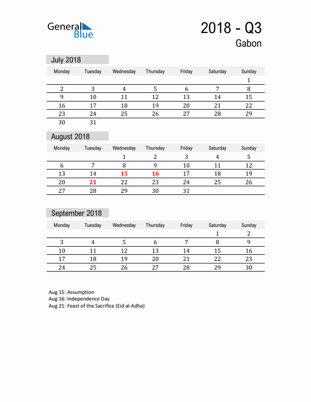 Gabon Quarter 3 2018 Calendar with Holidays