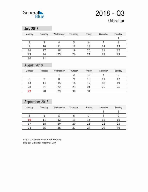 Gibraltar Quarter 3 2018 Calendar with Holidays