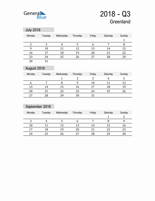 Greenland Quarter 3 2018 Calendar with Holidays