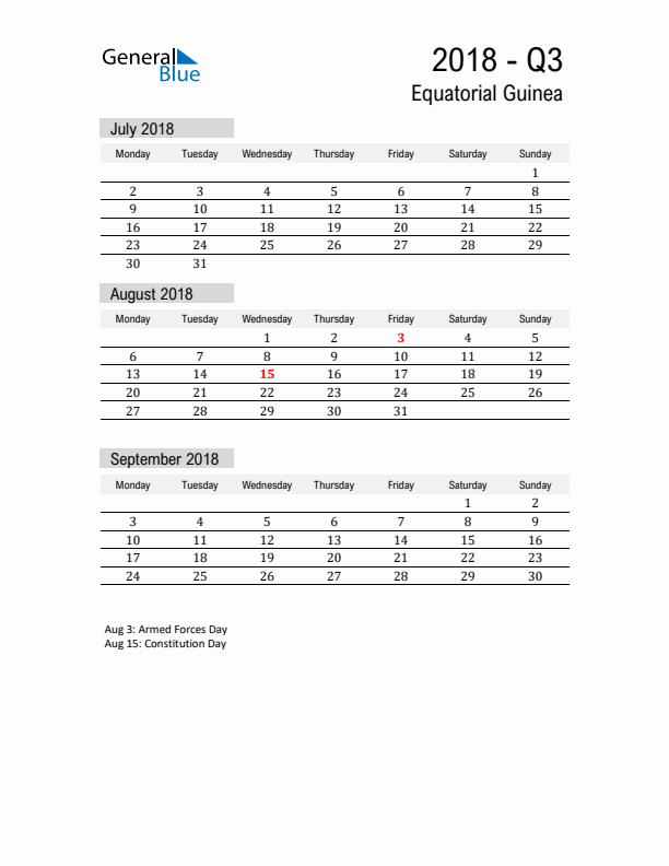 Equatorial Guinea Quarter 3 2018 Calendar with Holidays