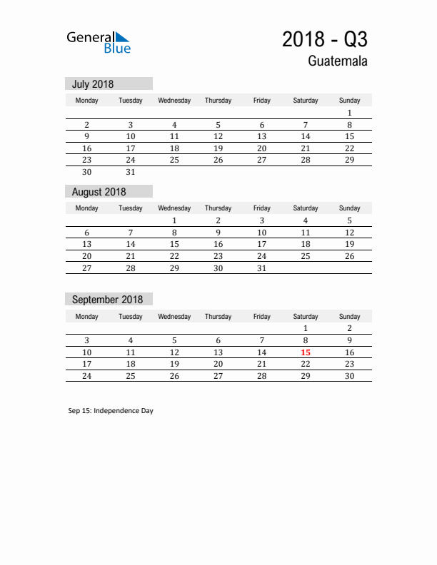 Guatemala Quarter 3 2018 Calendar with Holidays