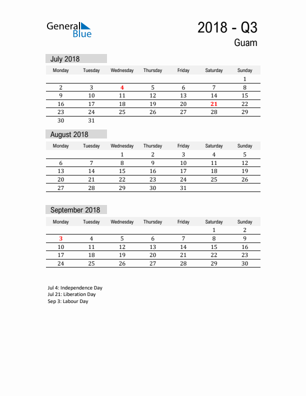 Guam Quarter 3 2018 Calendar with Holidays