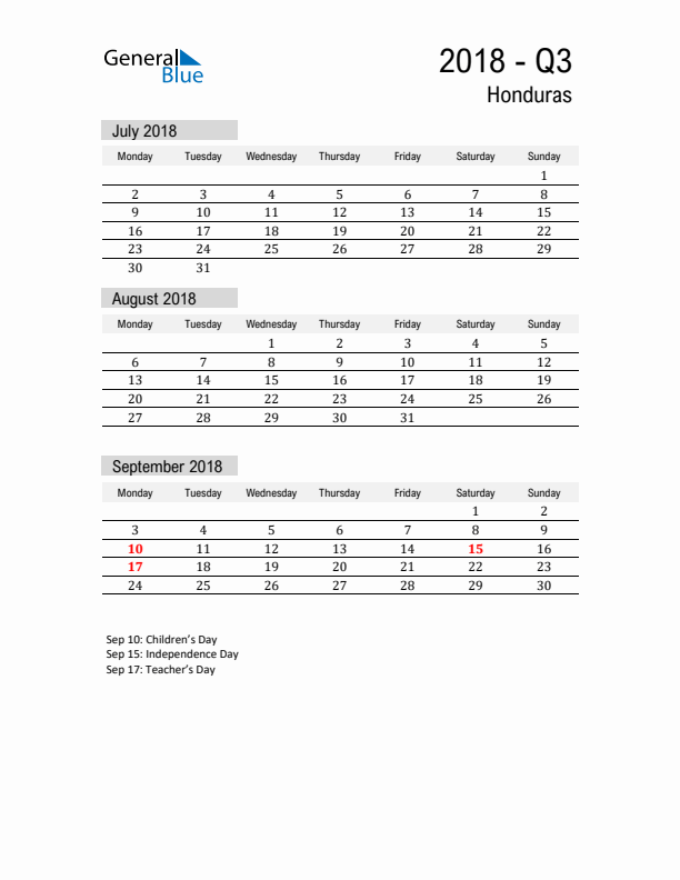 Honduras Quarter 3 2018 Calendar with Holidays