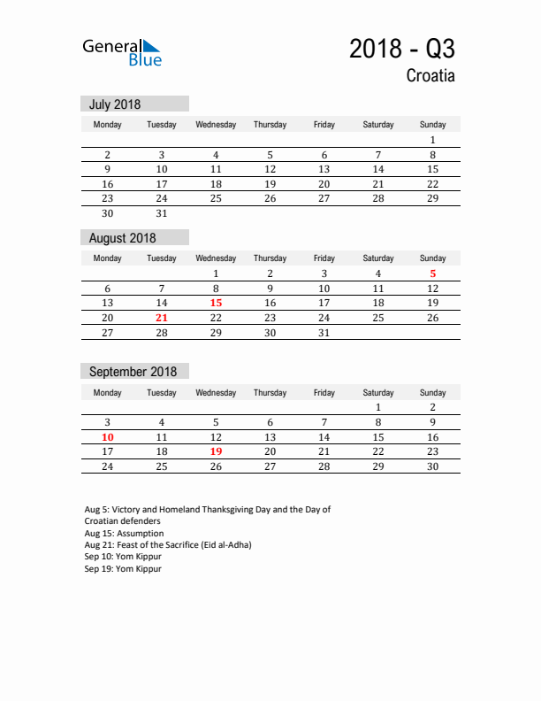 Croatia Quarter 3 2018 Calendar with Holidays