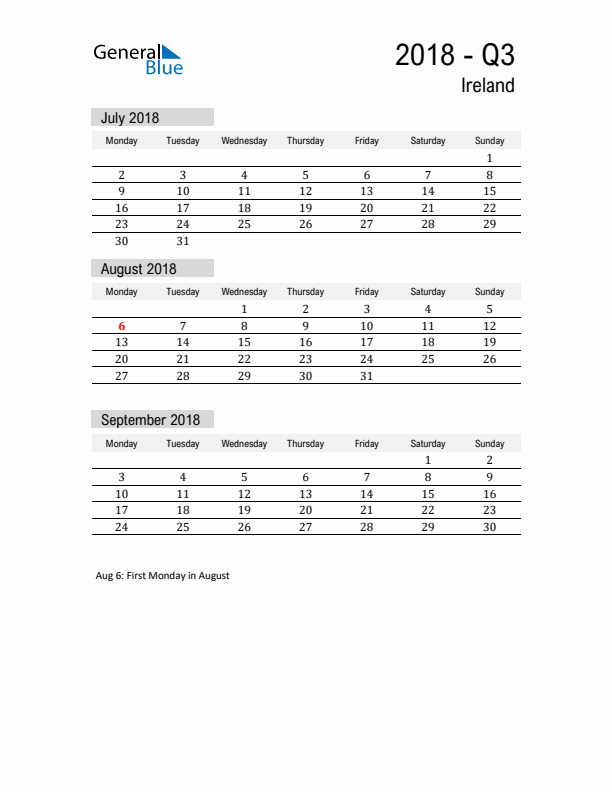 Ireland Quarter 3 2018 Calendar with Holidays